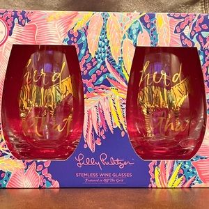 Set of 2 Lilly Pulitzer Stemless 16oz Gold Foil Zebra “Herd That” Wine Glasses